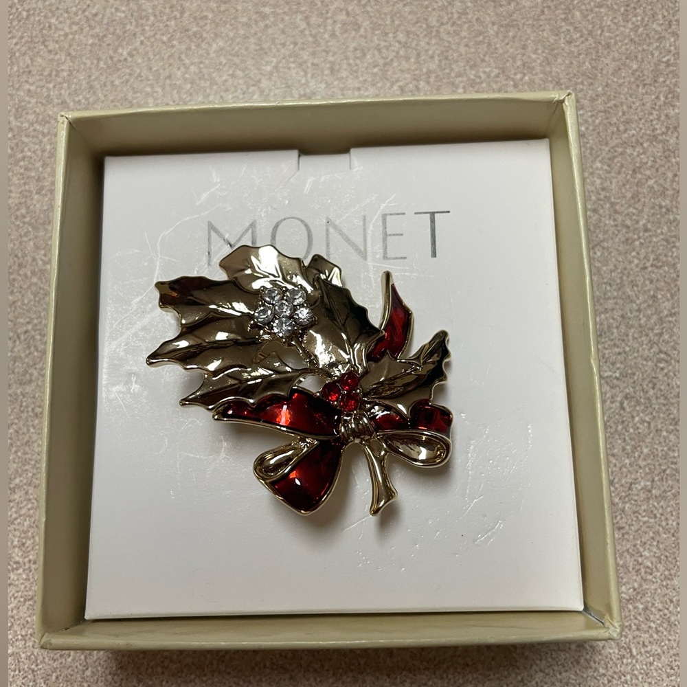 Monet Red and Silver Leaf Brooch